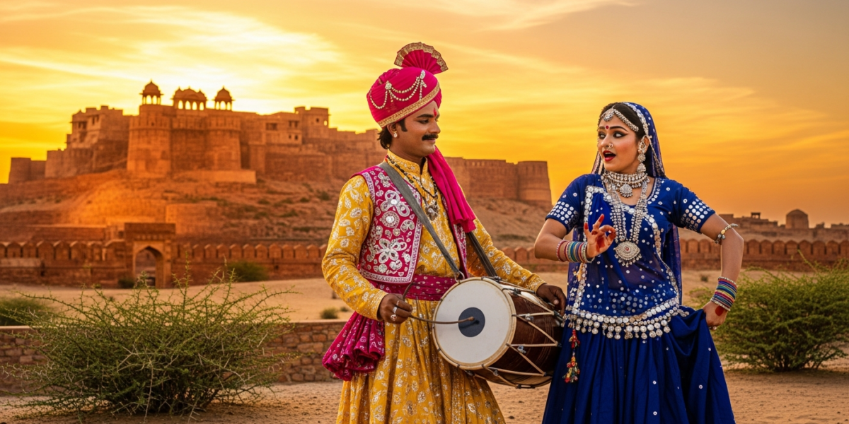 Khayal folk theatre performers in traditional Rajasthani costumes