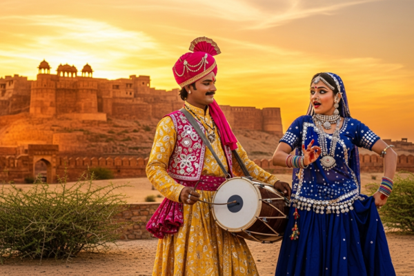 Khayal folk theatre performers in traditional Rajasthani costumes