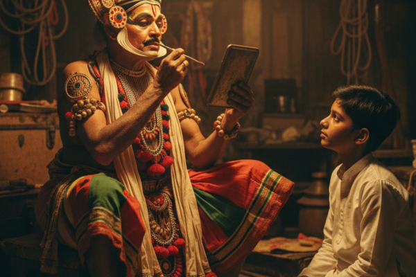 An elderly performer in elaborate ritual costume sitting alone backstage applying his own makeup by lamplight, a single younger apprentice watching closely from the side.