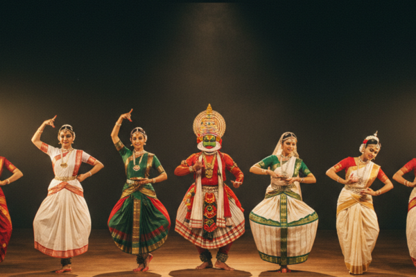 A composite of eight Indian classical dancers in their distinct regional costumes posing on a single stage, warm spotlights highlighting each one.