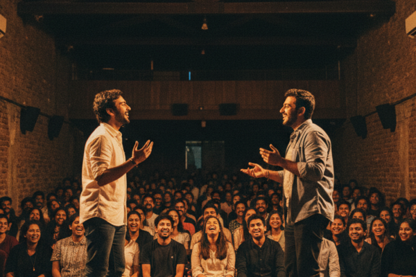 A packed Bangalore theatre interior with the audience in plush red seats laughing at a scene on a small wooden stage, two actors mid-comedic exchange.