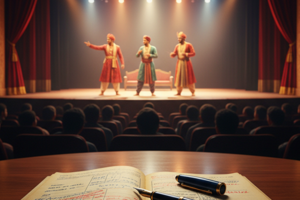 A theatre script open on a wooden table with a single pen across it, blurred in the foreground, while a brightly lit stage in the background shows actors mid-performance.