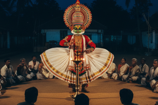 A Kathakali artist in full green and red face makeup and a towering red and gold crown, performing at night under a single oil lamp, with the audience seated cross legged on the ground.