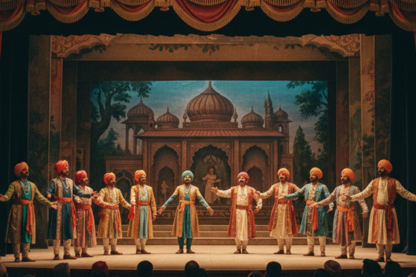 A grand vintage proscenium stage with painted backdrops, costumed performers in turbans and angarkhas, and a large audience in a colonial-era Bombay theatre lit by gaslight.
