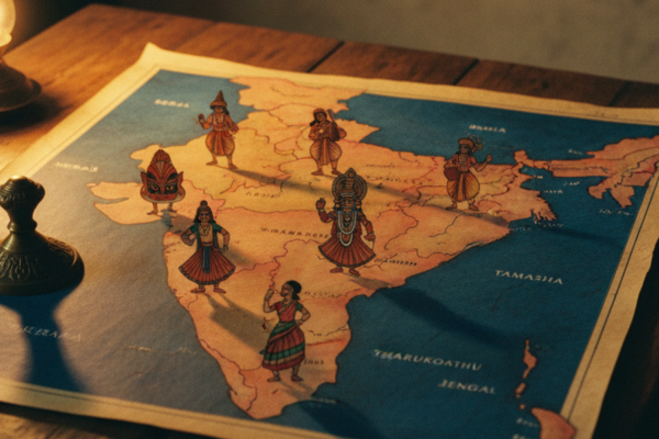 A stylised illustrated map of India with small icons representing different folk theatre forms in each state, warm earth tones, vintage hand-drawn quality.