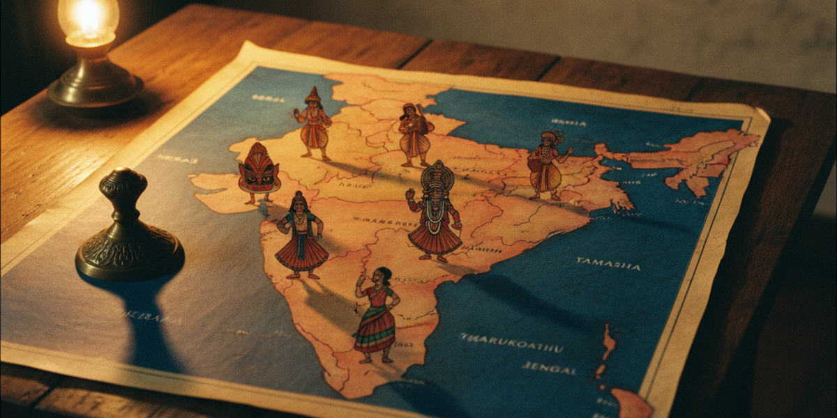 A stylised illustrated map of India with small icons representing different folk theatre forms in each state, warm earth tones, vintage hand-drawn quality.