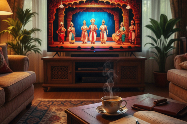 A cozy living room with a large TV displaying an Indian theatre performance, a low coffee table with chai and notebook, soft golden lamp light.