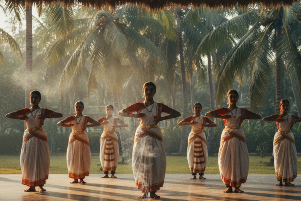 Bharatanatyam students in white practice saris rehearsing inside an open-air theatre at Kalakshetra Chennai, surrounded by tall coconut palms, soft morning light.