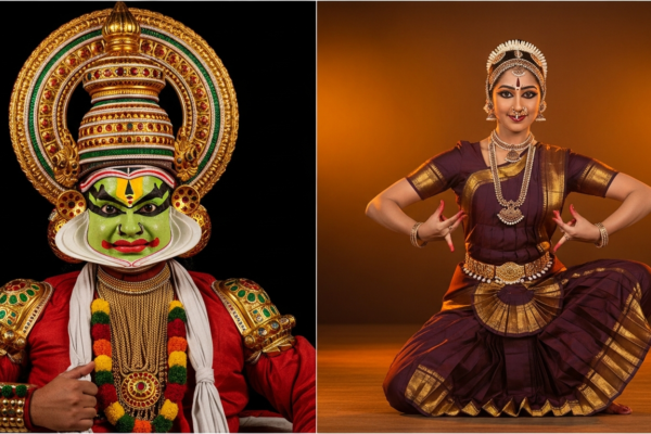 Kathakali performer in elaborate costume and makeup, Kerala's classical dance-drama