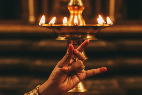 Close up of a Kutiyattam artist's hand performing an intricate mudra near a burning brass oil lamp, deep amber light, dark temple stage in the background.