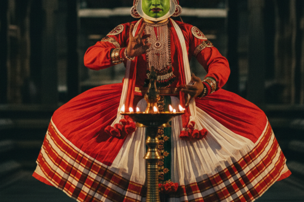 A Kutiyattam performer in detailed green face makeup and an enormous red and white costume on a traditional wooden Kerala koothambalam stage lit by a brass oil lamp.