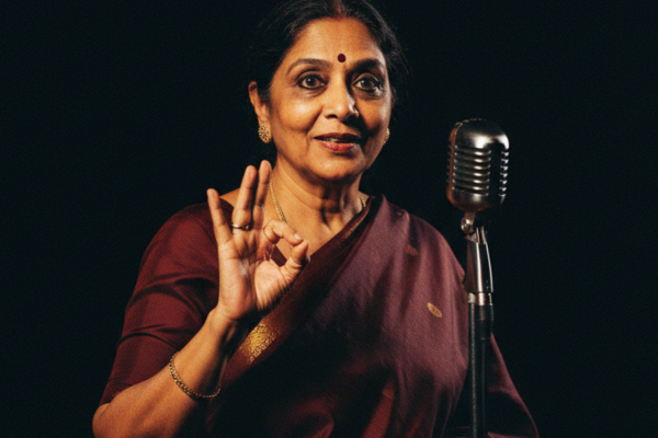 A solo female performer mid-monologue on a bare stage, dramatically lit from one side, her hand frozen in a Kathakali mudra mixed with everyday gesture, an alert intelligent expression on her face.