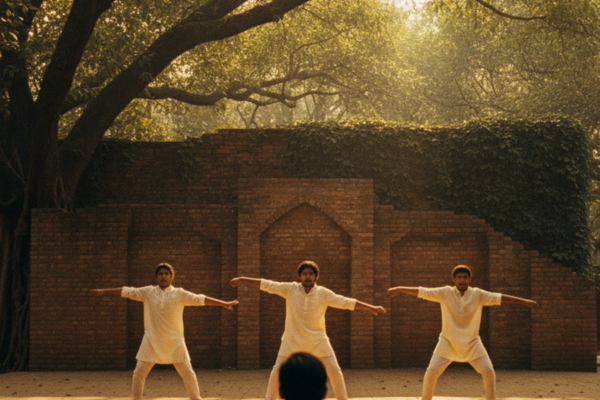 Students rehearsing on an open-air stage at the National School of Drama in Delhi, evening light filtering through a banyan tree, dramatic shadows on the brick stage.