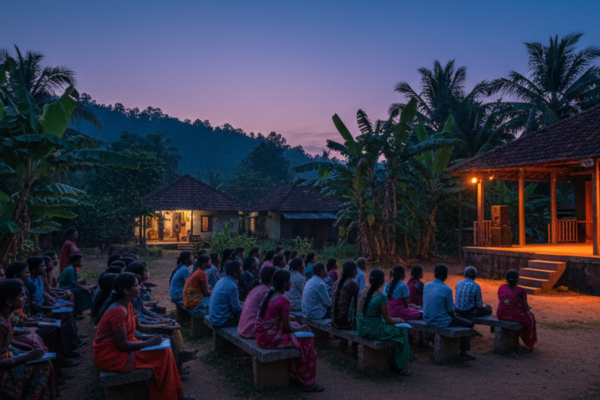 A small open-air theatre in a Karnataka village at dusk, surrounded by areca palms and red tiled roof houses, with villagers and theatre students gathering on stone benches before a show.