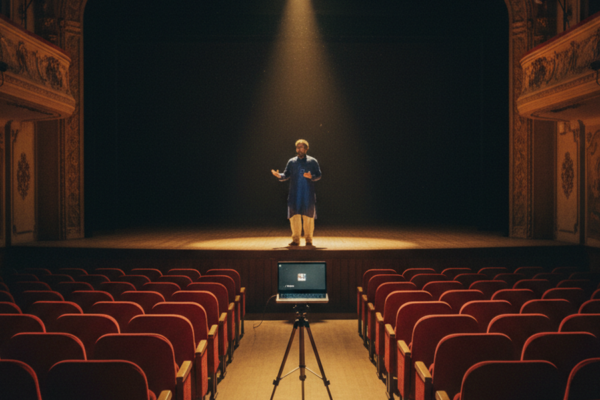 An empty Indian theatre stage with rows of empty red seats, a single laptop on a tripod facing the stage capturing a solo actor performing under a single warm spotlight.