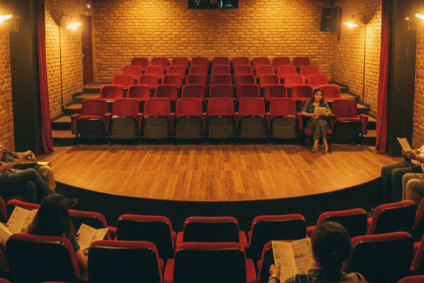 The intimate brick interior of Prithvi Theatre in Juhu Mumbai, with red velvet seats arranged in a horseshoe around a wooden thrust stage, warm amber lights coming up before a play.