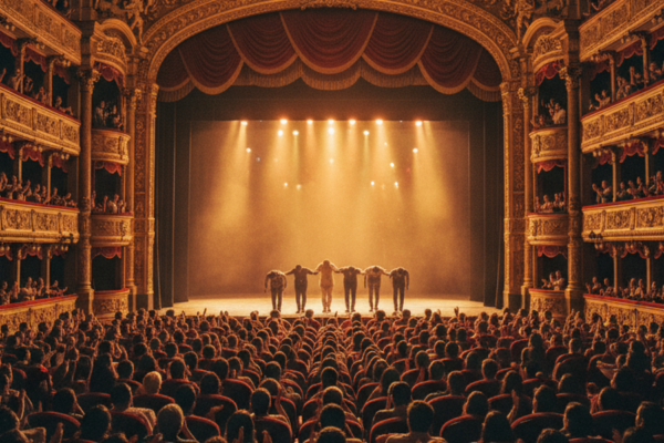 A grand Delhi auditorium with a packed audience in plush red seats applauding a play just curtain-called, dramatic stage lights warming a gold proscenium frame.