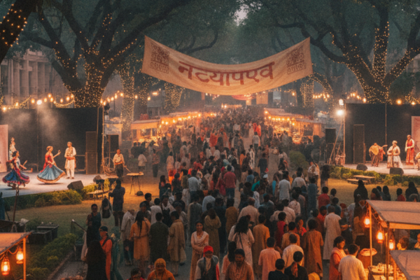 A bright outdoor theatre festival in India with multiple stages set up across a campus, audiences moving between them at dusk, paper programmes in hand, fairy lights overhead.