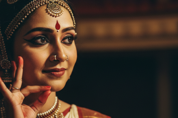 A Bharatanatyam performer's expressive face in close-up, eyes mid-glance to the side, hand frozen in a delicate mudra near the cheek, golden jewellery catching warm spotlight, dark stage background.