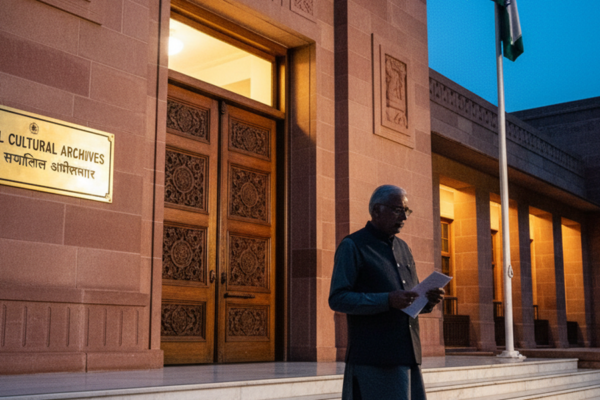 The art deco facade of the Sangeet Natak Akademi headquarters at Rabindra Bhavan in New Delhi at dusk, with warm interior light spilling onto the steps and a brass plaque beside the entrance.