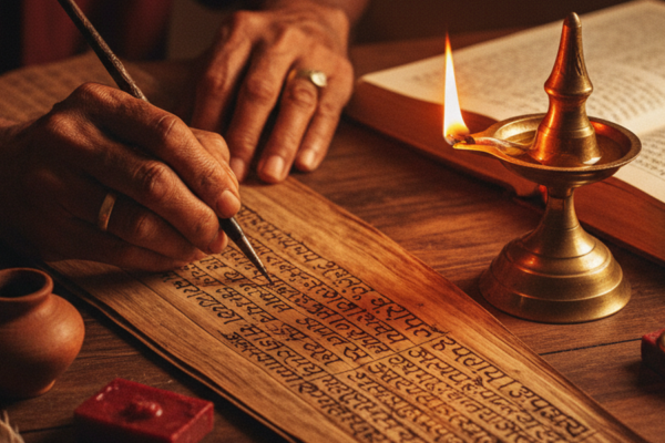 A scholar's hand writing in elegant Devanagari script on a long palm leaf manuscript, by the light of a single oil lamp on a wooden desk, ink pot and red sealing wax nearby.