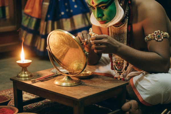A Kathakali artist in the process of applying detailed green and red face makeup at a low mirror, surrounded by small bowls of natural pigments, soft lamp light catching the rice paste detailing on his cheeks.