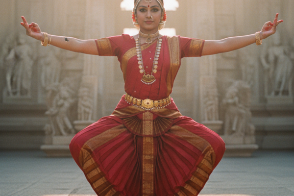 A Bharatanatyam dancer in red and gold costume in classic aramandi half-sitting pose, arms in a perfect symmetrical line, on a stone temple stage at dawn.