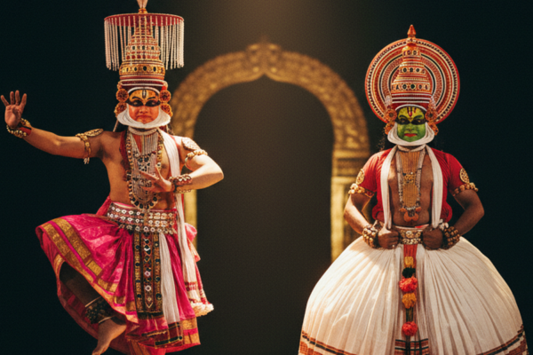 Two performers side by side, one in Yakshagana headdress and bright costume, one in Kathakali green face and towering crown, dramatic stage lighting splitting between them.