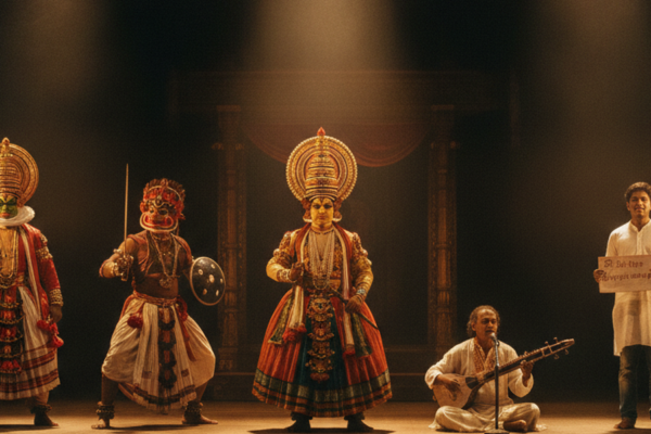 A collage-like stage scene with performers from different Indian theatre forms, a Kathakali dancer, a masked Chhau performer, and a street theatre actor sharing one dramatic spotlight.