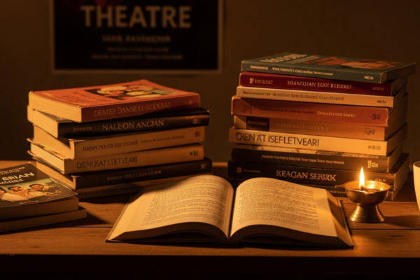 A warm reading nook with a small stack of Indian play scripts, a brass oil lamp glowing beside them, an open book showing dialogue, soft golden light on worn pages.
