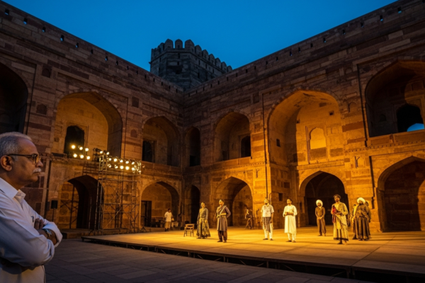 A theatre director in a crisp white shirt watching a rehearsal at dusk among the floodlit stone ruins of an old Delhi fort, actors in costume on a bare stage, warm golden light against dark sandstone walls.