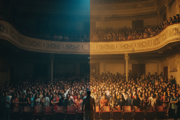 A half-lit auditorium seen from the stage, one side of the seats empty and shadowed, the other side full of a glowing, engaged audience, a single actor standing at the edge of the light.