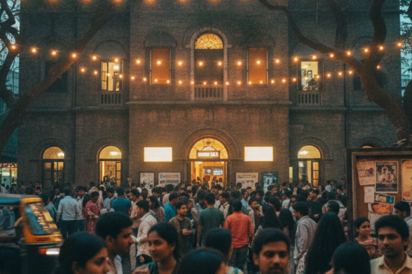 Evening crowd outside Prithvi Theatre in Mumbai, warm cafe lights, people holding tickets and chai under leafy trees, theatre entrance glowing in the background.