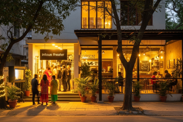 The warm-lit facade of Ranga Shankara theatre in Bengaluru at dusk, audience members gathering at the entrance, soft golden light spilling from the lobby and cafe onto a tree-lined street.