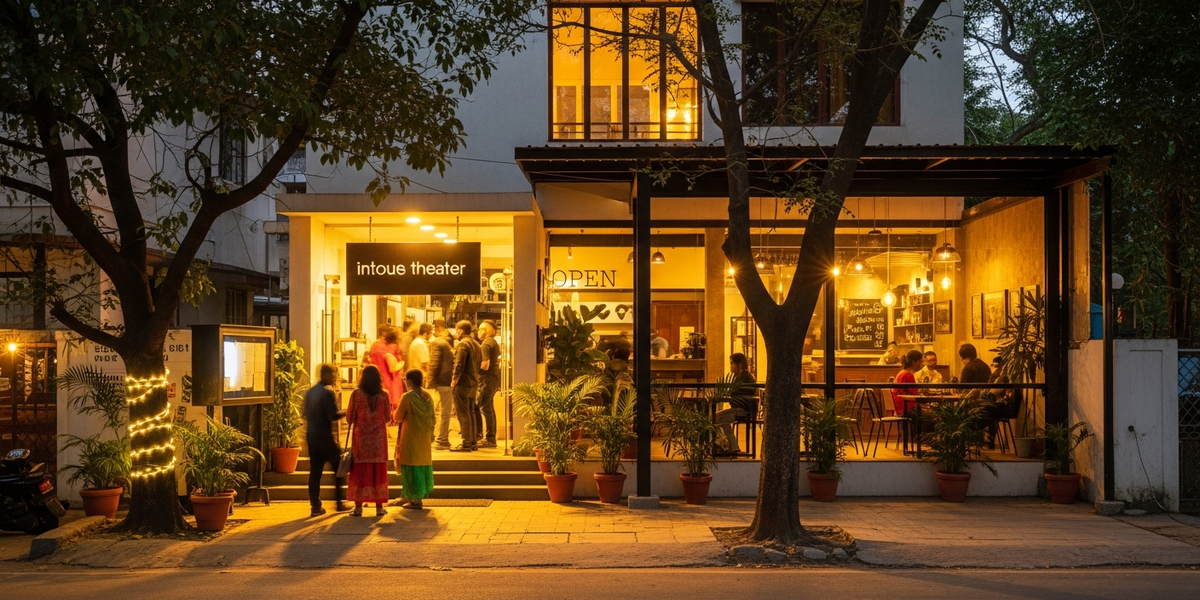 The warm-lit facade of Ranga Shankara theatre in Bengaluru at dusk, audience members gathering at the entrance, soft golden light spilling from the lobby and cafe onto a tree-lined street.