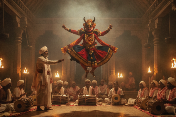 A masked Bhaona performer in a demon costume mid-dance inside a lamp-lit Assamese namghar, white-robed narrator and drummers around him, wooden pillars and devotees watching.