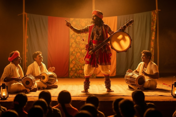 A lead Burrakatha storyteller with a tambura and anklets performing energetically between two seated drummers, colourful costumes, warm lantern light on an outdoor village stage at night.