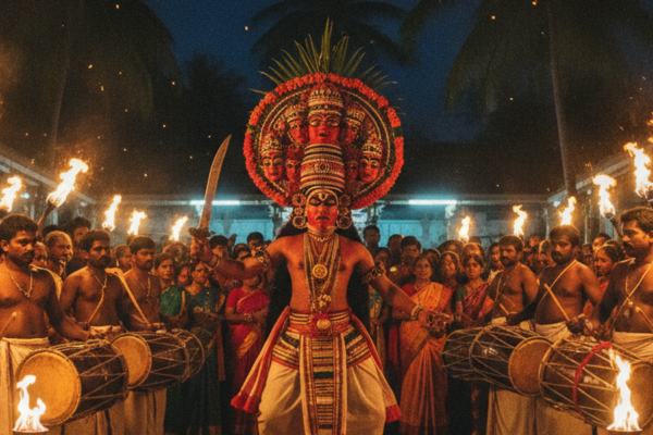 A Mudiyettu performer as goddess Bhadrakali with a towering headdress and fierce painted face, lit by flaming torches in a Kerala temple courtyard at night, drummers and villagers around.