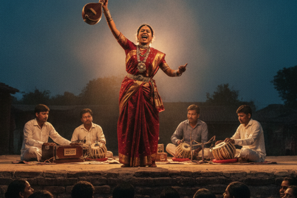 A Pandavani performer in a bright saree mid-performance, holding a tambura aloft like a weapon, dramatic stage light against a dark background, musicians seated behind her.