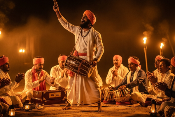 A shahir balladeer standing and singing with a raised arm and a small drum, a saffron turban on his head, a seated chorus behind him, warm torchlight on an open village stage at night.