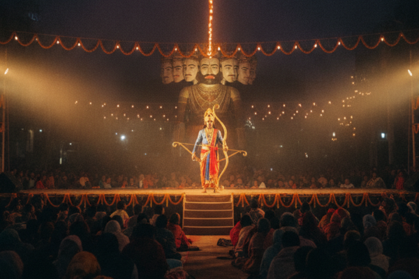 A Ramlila performance at night on an open-air stage, an actor dressed as Rama with a golden bow lit by warm floodlights, a huge crowd watching under strings of festival lights.
