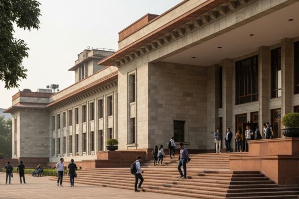 The facade of a national cultural institution in New Delhi associated with the Indian performing arts, warm daylight.