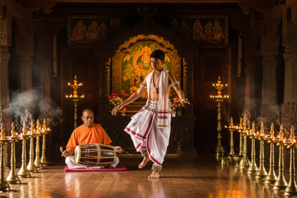 A young Sattriya dancer in white dhoti and silver ornaments mid-spin inside a lamp-lit Assam monastery prayer hall, a khol drummer beside him, warm oil-lamp glow on old wooden pillars.