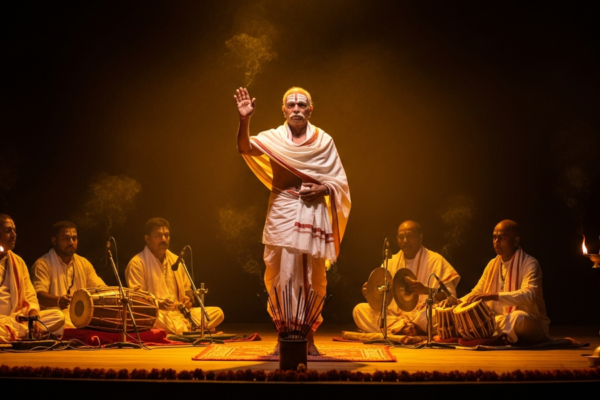 A bare-chested sutradhar in a dhoti and shawl standing centre stage in oil-lamp light, one hand raised in a gesture of address to an unseen audience, musicians seated behind him in warm shadow.