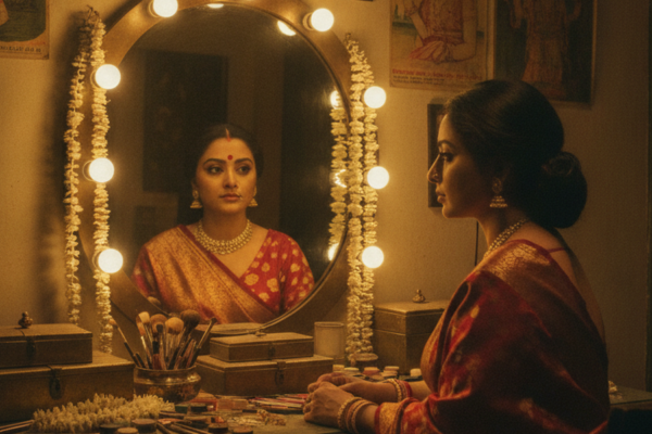 A theatre dressing room mirror ringed with warm bulbs reflecting a poised Indian actress in stage costume, vintage posters and garlands around the mirror frame.