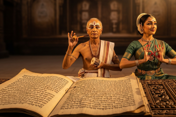 An old Sanskrit manuscript beside classical Indian theatre imagery.