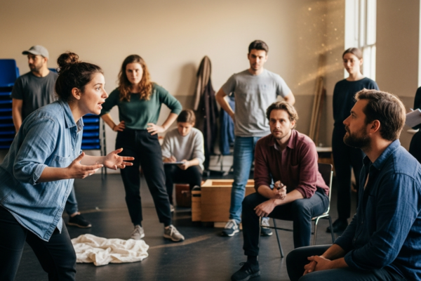 A small theatre group rehearsing together in a hall.