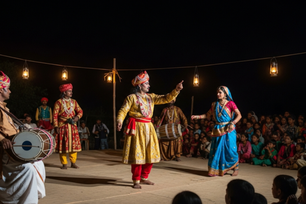 A vibrant Indian folk theatre performance at night with costumed performers and drummers.