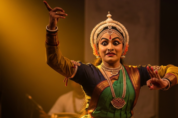 A classical Indian performer expressing emotion through gesture and face.