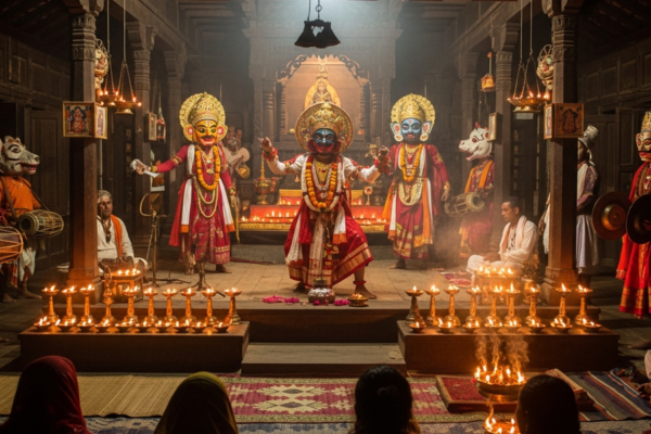 A Bhaona devotional theatre performance in an Assam namghar with masked performers.